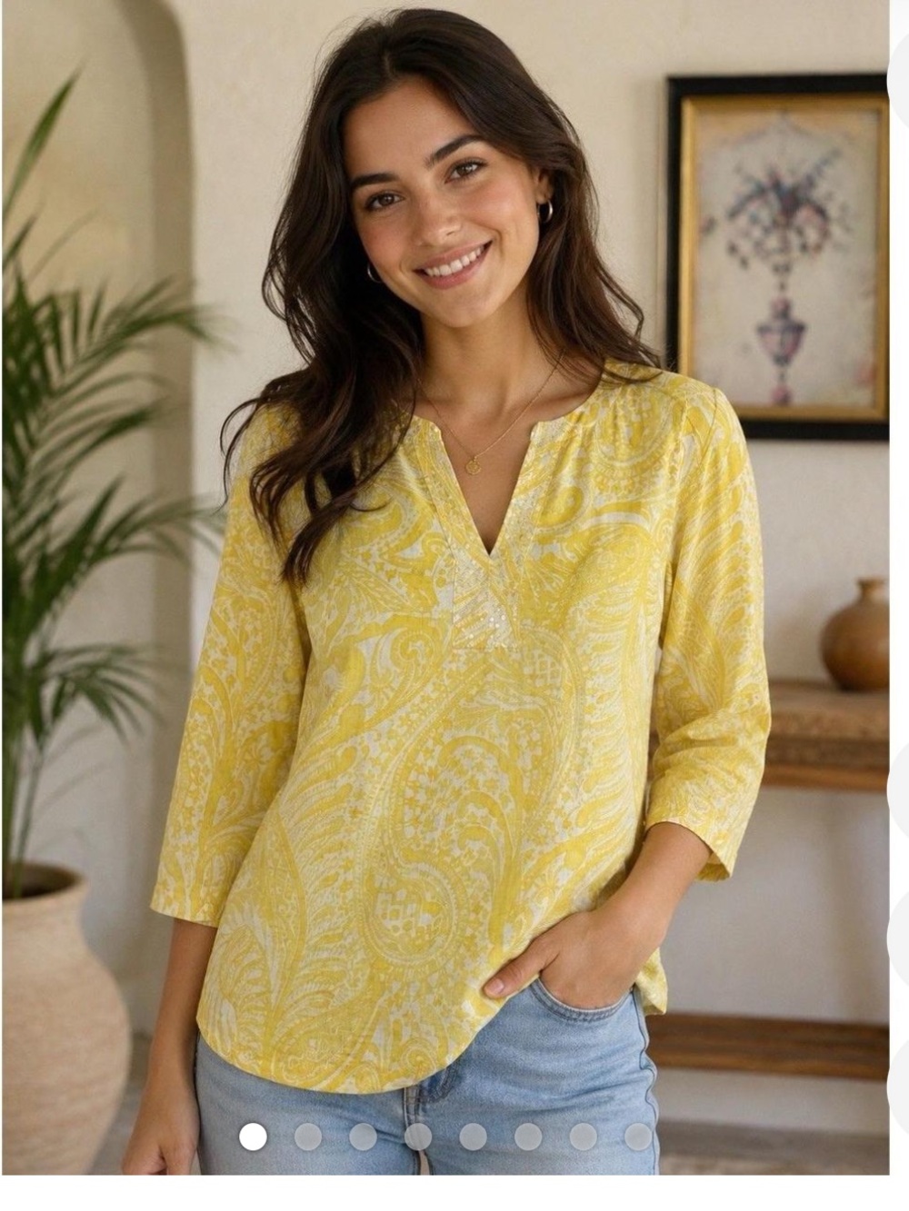 Ruby Rd. Yellow Paisley Split V-Neck Blouse